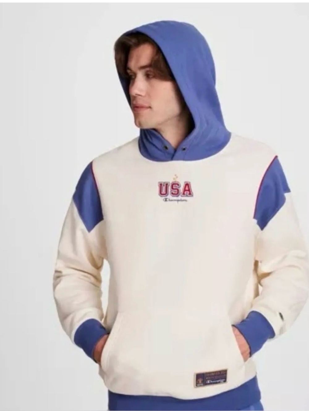 Champion Cream and Blue USA Hooded Pullover